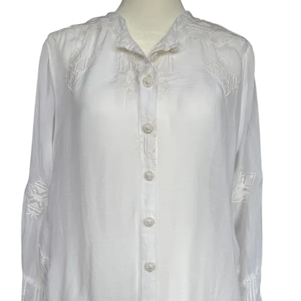 Johnny Was‎ White Embroidered Long Sleeve Sheer Blouse Sz M - Image 2