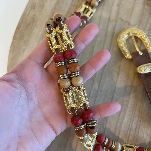 EXPRESS Vintage Brown Genuine Leather Beaded Weaved Link Gold Buckle Belt Size S/M - Image 5