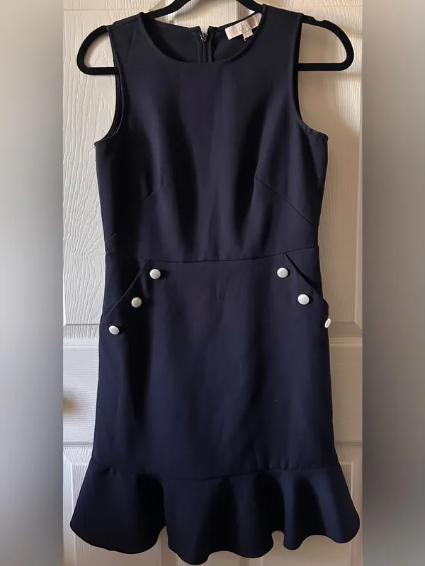 Ann Taylor LOFT Navy Blue Flounce Dress w/Faux Pearl Buttons Sz 0 Balletcore - Image 4