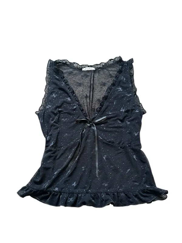 Black Mesh Lace Babydoll Top Bows Ruffles Dark Romantic Fairy Grunge Y2K - Image 2
