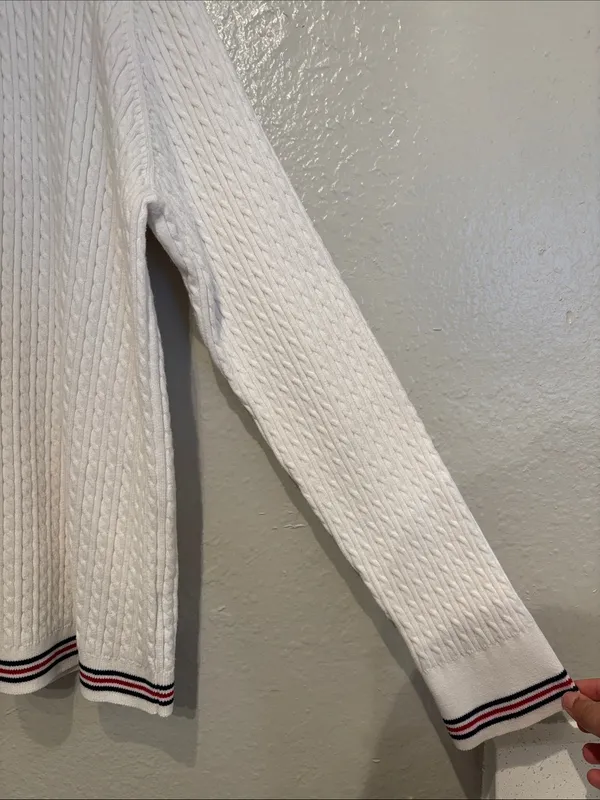 Lauren Ralph Lauren White Cable Knit Cardigan with Navy & Red Trim Preppy School - Image 4