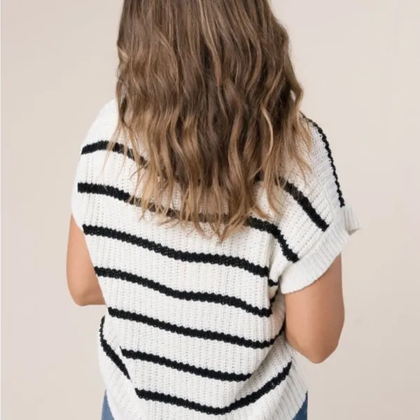 Entro Large Stripe Knit Cap Short Sleeve Sweater Top‎ - Image 4