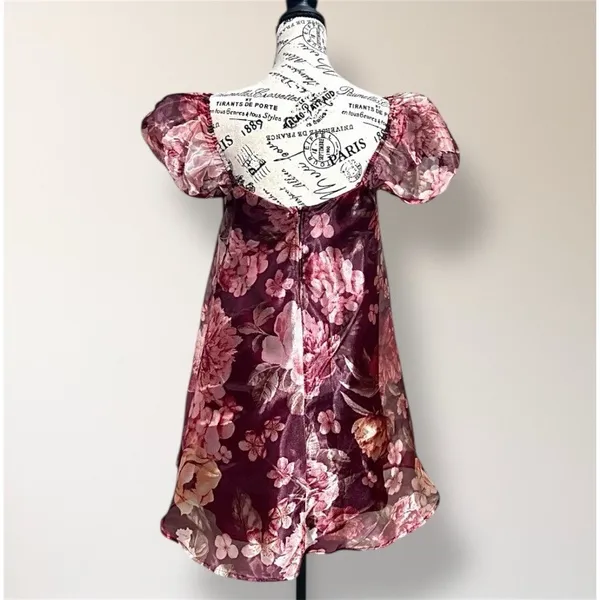 Lulus Red Floral Organza Mini Dress Puff Sleeve Rosette‎ Autumn Wedding Guest - Image 4