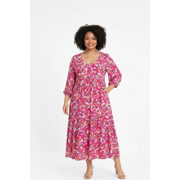 The Pioneer Woman Women Maxi Dress 3XL Pink Floral Tiered Rayon Boho Cottagecore - Image 7