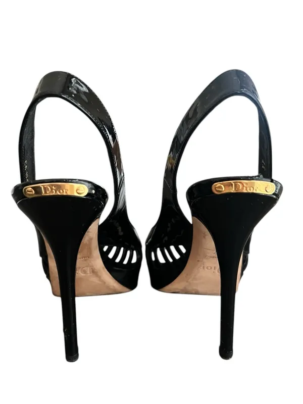 Christian Dior Women’s Whisper Black Patent Leather Peep Toe Sandals Heels 37 - Image 7
