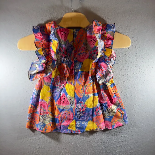 1682 | Entro Boho Fruit Print Ruffle Shoulder Cotton Blouse Blue Multi Women M - Image 2