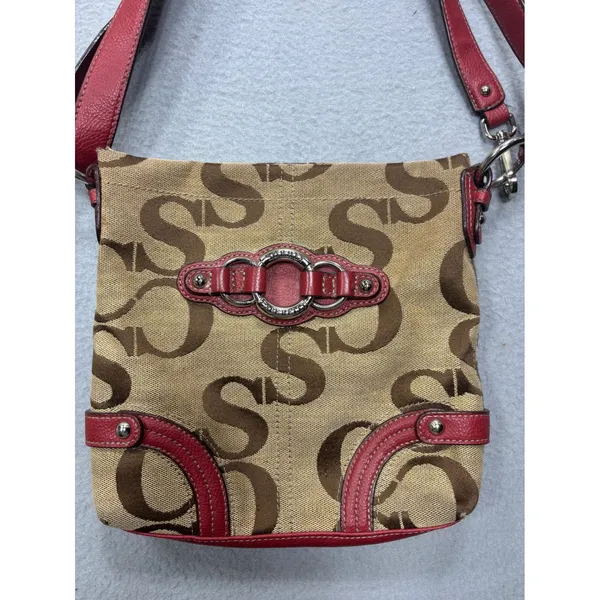 Sophia Caperelli Shoulder Bag Small Monogram Tan Brown Red Leather Trim‎ Trim - Image 13