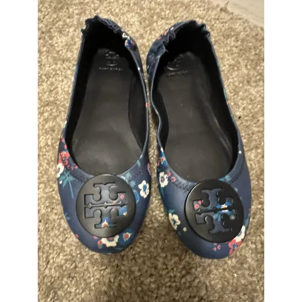 Tory Burch Minnie Travel Ballet Flats Navy Blue Floral Leather Logo Shoes 7 - Image 5