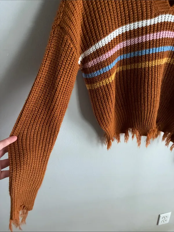 No Comment Distressed Oversized Sweater Brown Stripe Chunky Knit Size S - Image 3