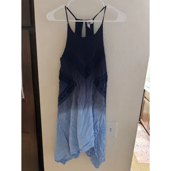 Alya Blue Ombre‎ Handkerchief Hem Dress Small Boho Embroidered Halter Racerback - Image 2