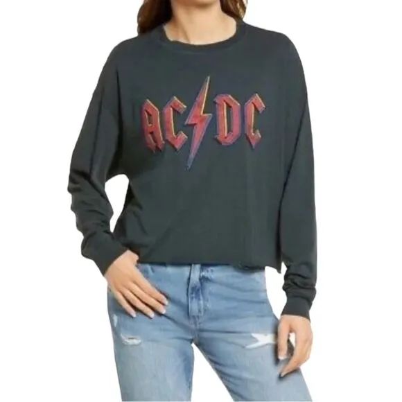 Free People Daydreamer Size S AC/DC Long Sleeve Graphic Tee Charcoal Black‎ Boxy - Image 7