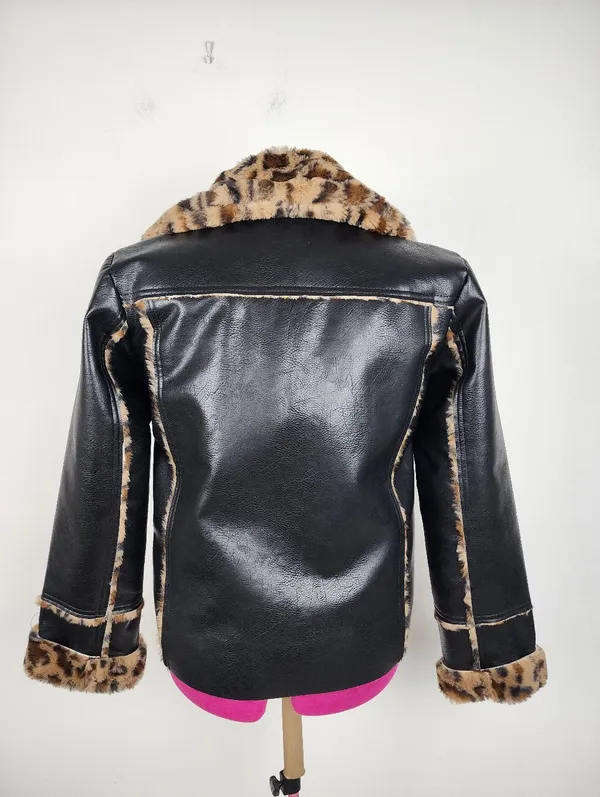Black Faux Leather Moto Jacket with Leopard Faux Fur Accent - Image 4