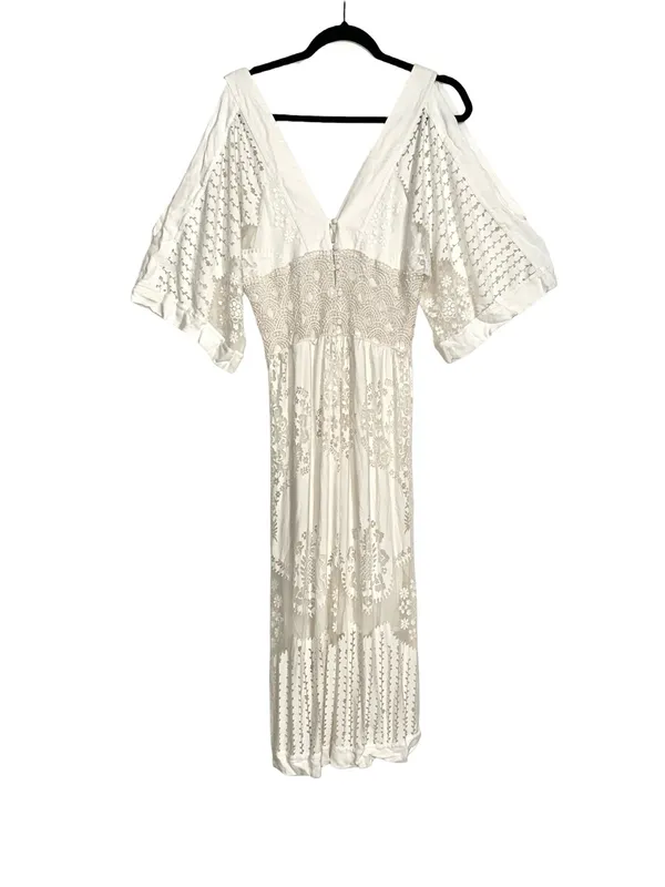 Farm Rio Solana Ivory Lacer Cut Bell Sleeve Midi Dress SMALL - Image 4