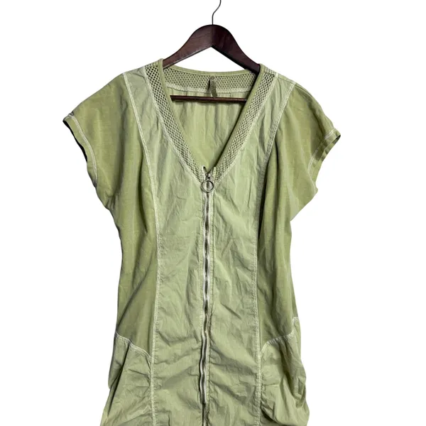 XCVI Imogen Dress Green Cotton Zip Front Ruched Knee Length size L Boho - Image 2