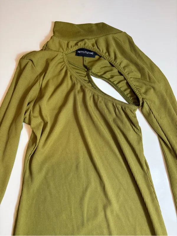 Pretty Little Thing Olive Ribbed Asymmetric One Shoulder‎ Cut Out Bodycon MiniDress Size4 - Image 3