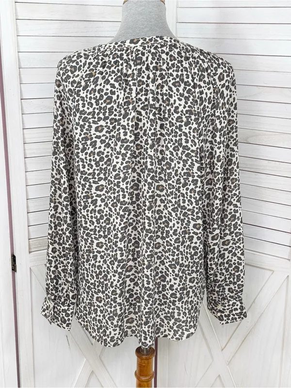 Loft Leopard Print Gathered Neck Button Up Blouse Cream Tan Large Long Sleeve - Image 4