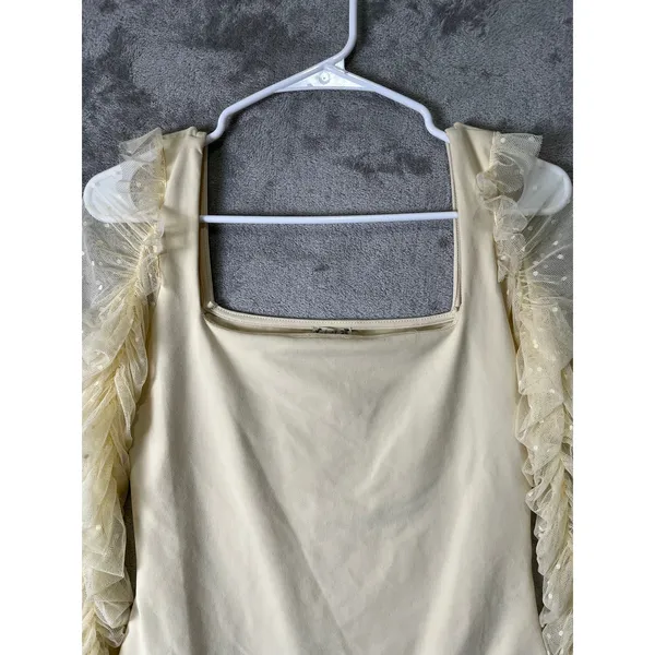 Free People Must Be Love Bodysuit Cream Ruched Mesh Sleeve‎ Romantic Medium New - Image 3