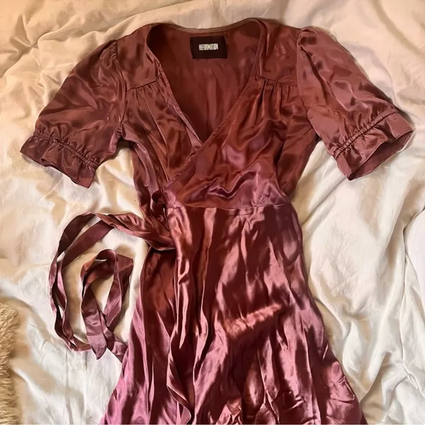 Reformation Silk Wrap Dress Womens Large Praline Mauve - Image 7