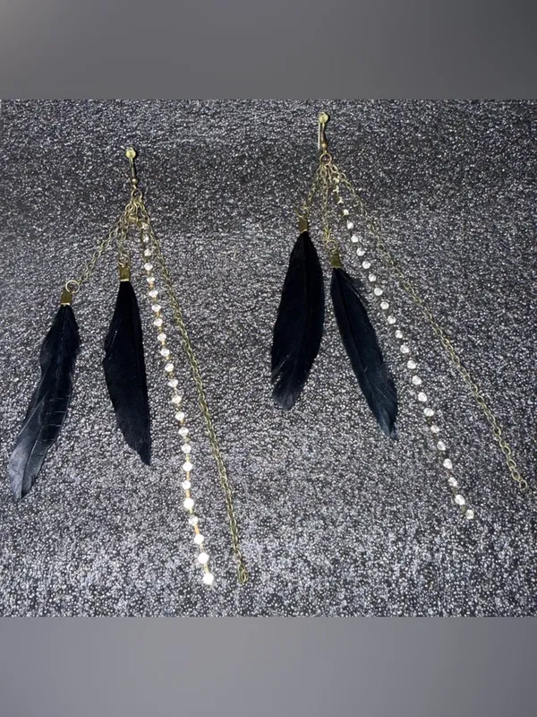 Gold Chain & Black Feather Drop Earrings with Rhinestones - Image 3