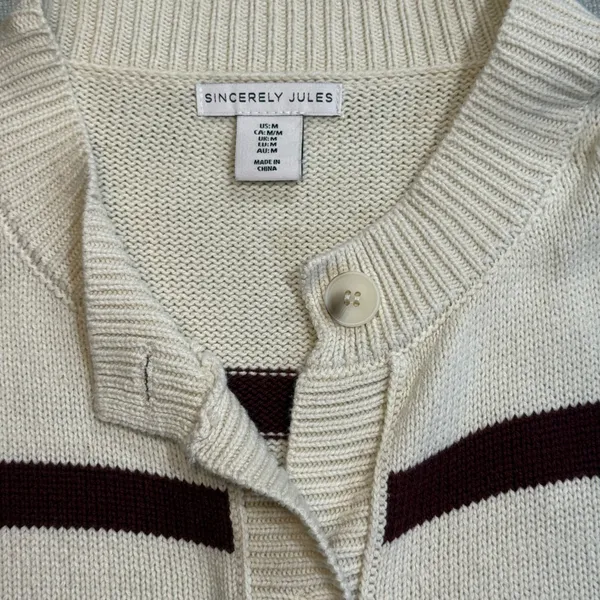 Sincerely Jules Striped Cardigan Sweater Medium Cream Burgundy Button Front Crop - Image 3