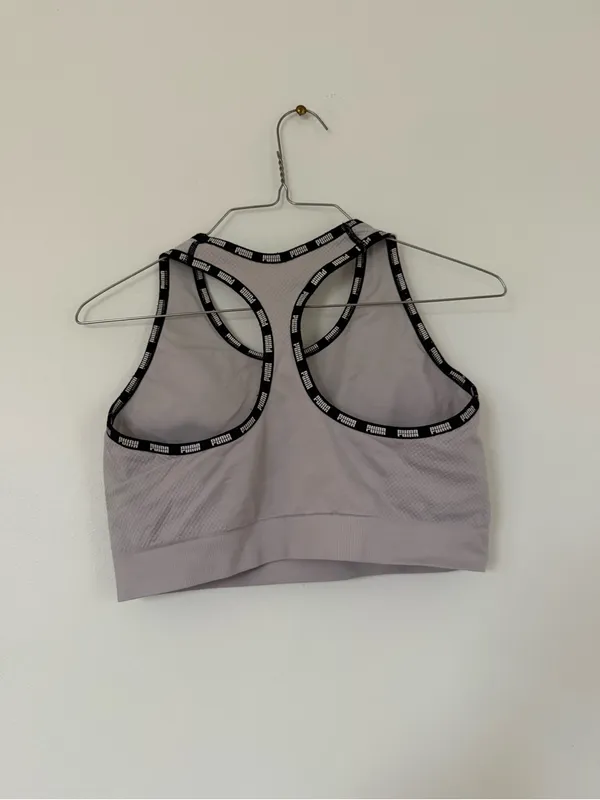 Puma Light Gray Crop Sports Bra with Black Logo - Image 2