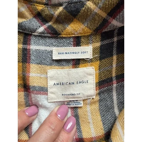 American Eagle Plaid Flannel Shirt Womens Medium Yellow Black Boyfriend Fit - Image 3