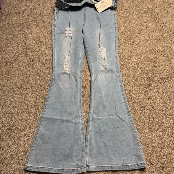 Angel Light Blue High Waist Flare Jeans with Ripped Details - Image 4