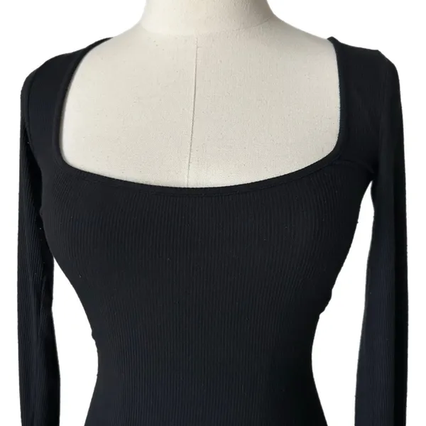 SKIMS Soft Lounge Long Sleeve Dress Modal Spandex Black Square Neck Ribbed Sz XS - Image 3