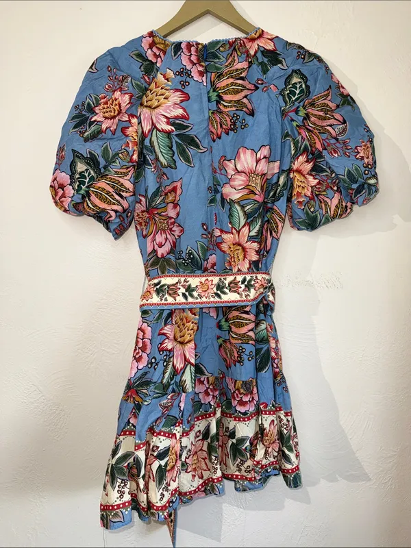 FARM Rio Blue Floral Puff Sleeve Belted Mini Dress Size S - Image 5
