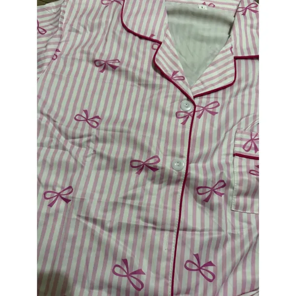 NIB- Pink Stripe Bow Print Pajama Set Short Sleeve Button Up Shorts- Large - Image 5
