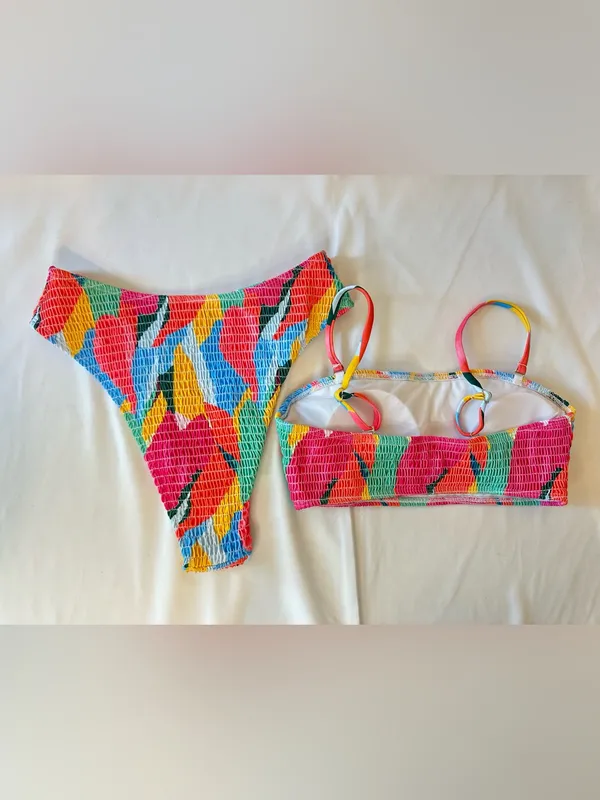 Colorburst Smocked Bandeau Bikini Set - Pink Multicolor - Image 2