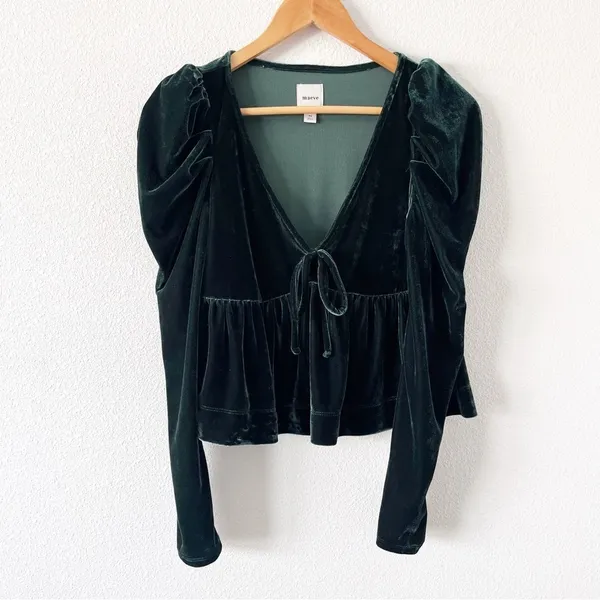 Anthropologie Maeve Pine Green Velvet Babydoll V-Neck Long Sleeve Top - Image 3