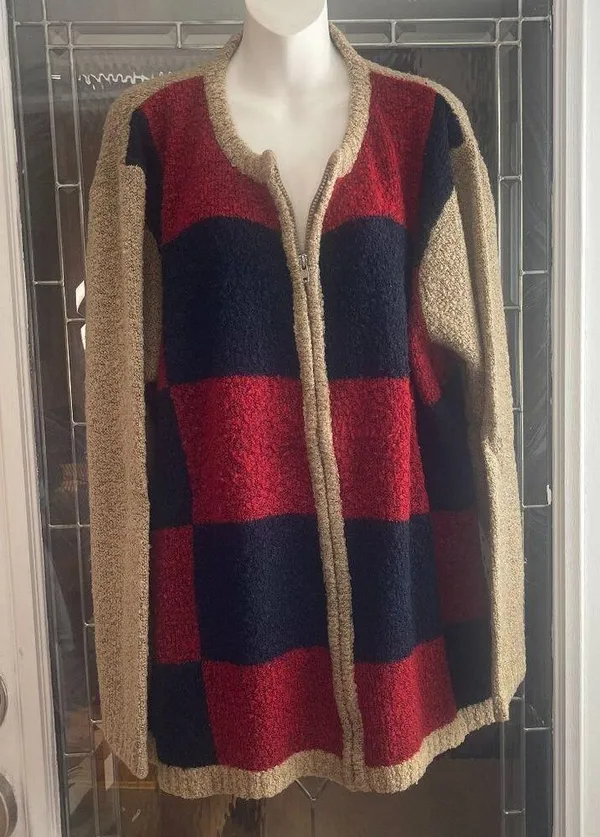 Bobbie Brooks Women 26W/28W color block full zip sweater checkerboard blue red - Image 2