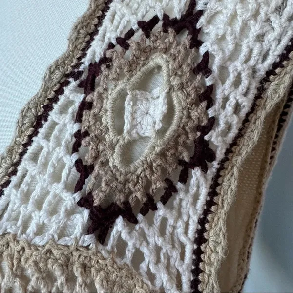 Crochet Button Up Sweater Vest‎ Cream Tan Brown Bohemian Festival Large - Image 4
