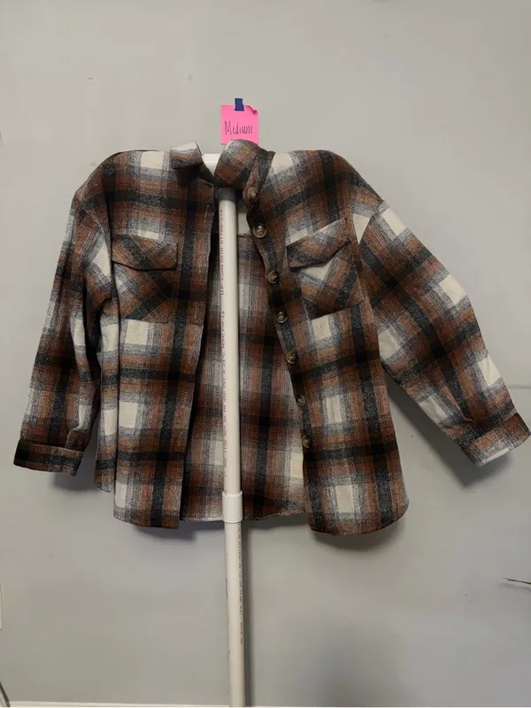 Women's Plaid Utility Shacket Jacket in Brown & White Size M - Image 4