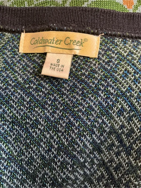 Coldwater Creek USA Mixed Pattern Cardigan Blue Green Rayon Knit Boho Sweater - Image 2