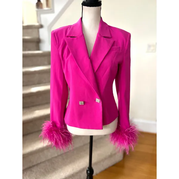 NWT NBD Elisha "Fuchsia" Hot Pink Feather Trim Rhinestone Button Blazer Glam - Image 2