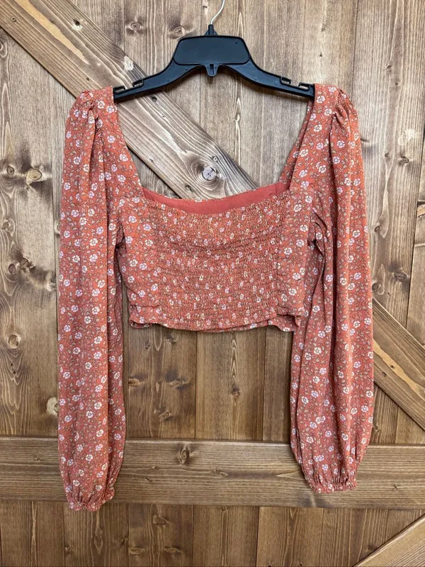 Elodie Women’s Medium Rust Floral Crop Top Long Sleeve Square Neck Boho Blouse(9 - Image 4