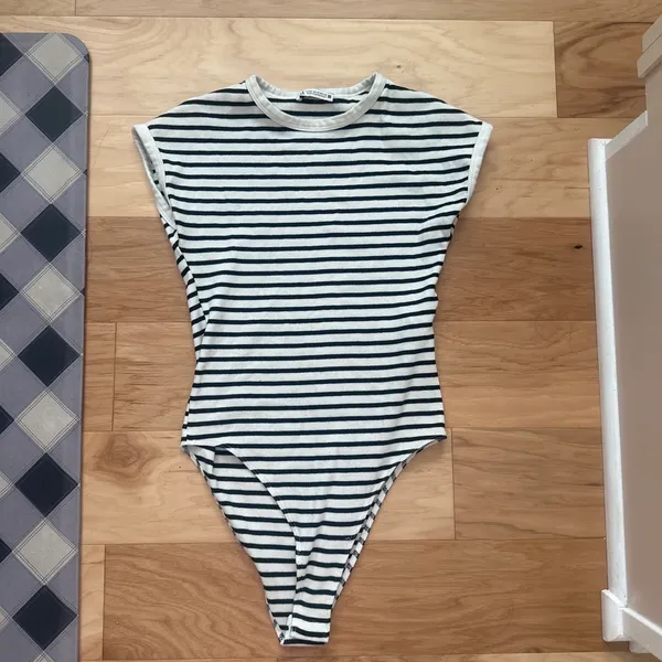 Zara Striped White and Black Short Sleeve Bodysuit - Image 2