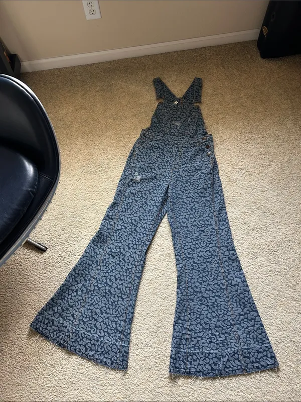 Aaron & Amber denim blue animal print wide bell leg boho overalls S - Image 2
