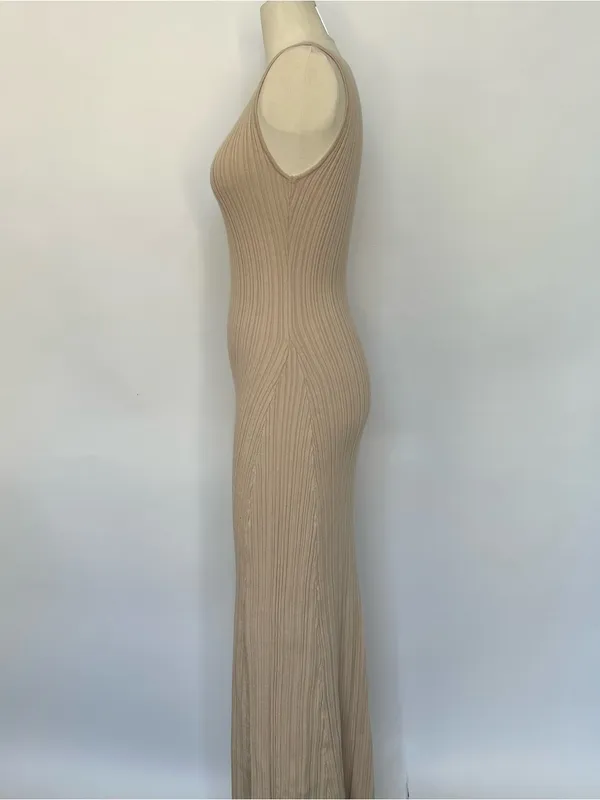 White Fox Boutique Sleeveless Ribbed Maxi Dress in Tan - Image 5