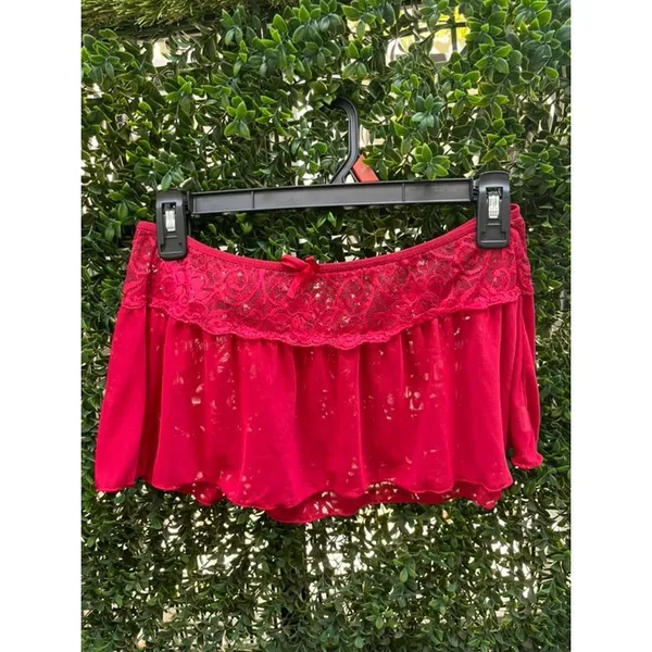 Kloer Red Mesh Lingerie Skirt Lace Trim Bow Detail Sheer Pleated Mini‎ Medium - Image 2