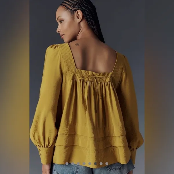 Anthropologie Maeve Boho Smocked Sleeve Square Neck Blouse Gold/Mustard - Image 2