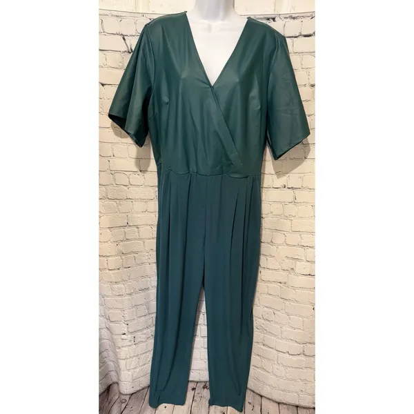 Colleen Lopez Flutter-Sleeve Mixed Media Jumpsuit Green Romper Size XL - Image 3