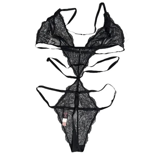 Victoria Secret Lingerie Teddy One Piece Bodysuit XL Black Lace Strappy Unlined‎ - Image 2