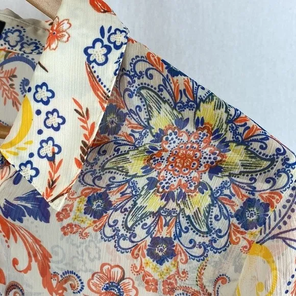 Kut From The Kloth White Floral Print Long Convertible Sleeve Blouse Top L - Image 4