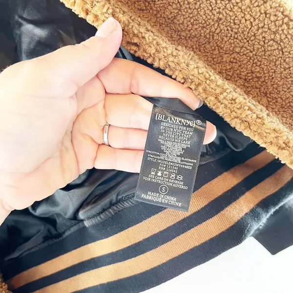 Blank NYC Sherpa Varsity Bomber Jacket Black Brown Cinnamon Spice Small - Image 5