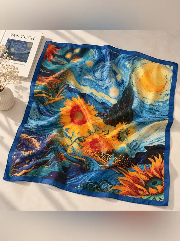 Van Gogh Inspired Starry Night Sunflower Scarf Blue Yellow Art Print Shawl - Image 2