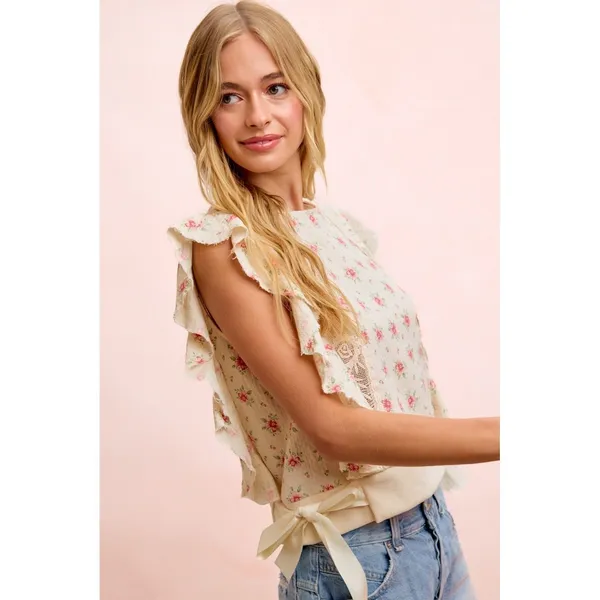 BiBi Flower Printed Ruffle Sleeve Trim Detail Top - Red Flower - Large - Image 2