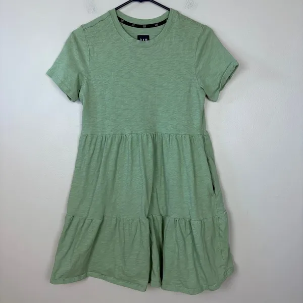 Gap T-Shirt Dress Green Crewneck Short Sleeve Tiered Skirt Side Pockets Size XS - Image 2